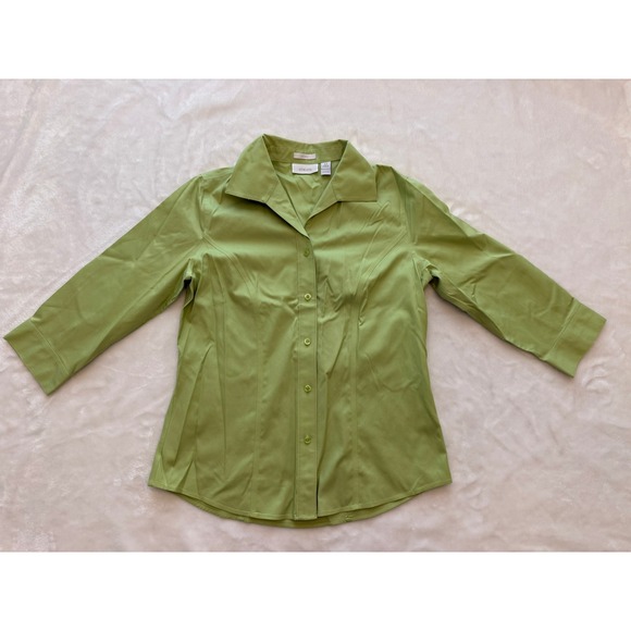 Chico's Tops - Chico's No Iron Green Cotton Button Down Shirt 3/4 Sleeve Size 0 Small